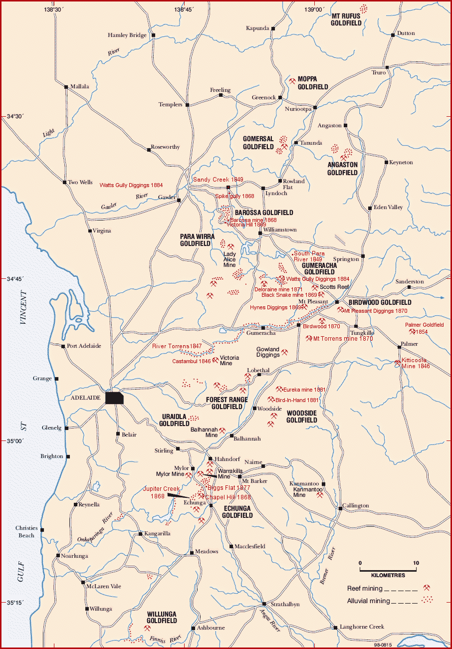 Gold mine map of Adelaide surround in the gold rush of South Australia.